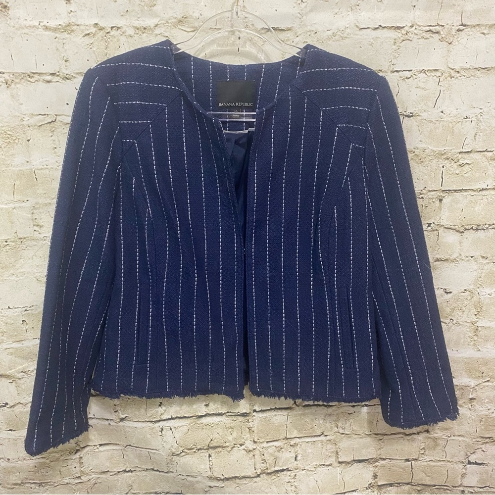Banana Republic Blue Striped Fringe Tweed Blazer Jacket